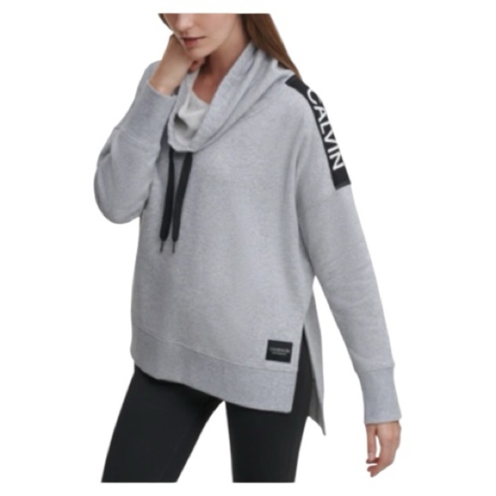 Calvin Klein Performance Drop-Hem Cowl Nexk Fleece Top In Heather Grey